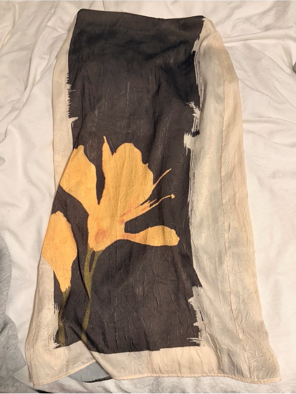Black and Cream Satin Maxi Skirt with Yellow Floral Accent
